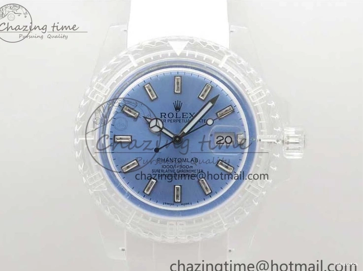 KZF Best Transparent on Phantomlab Rubber Edition VR3135 Dial Blue Light Strap White Submariner 0219